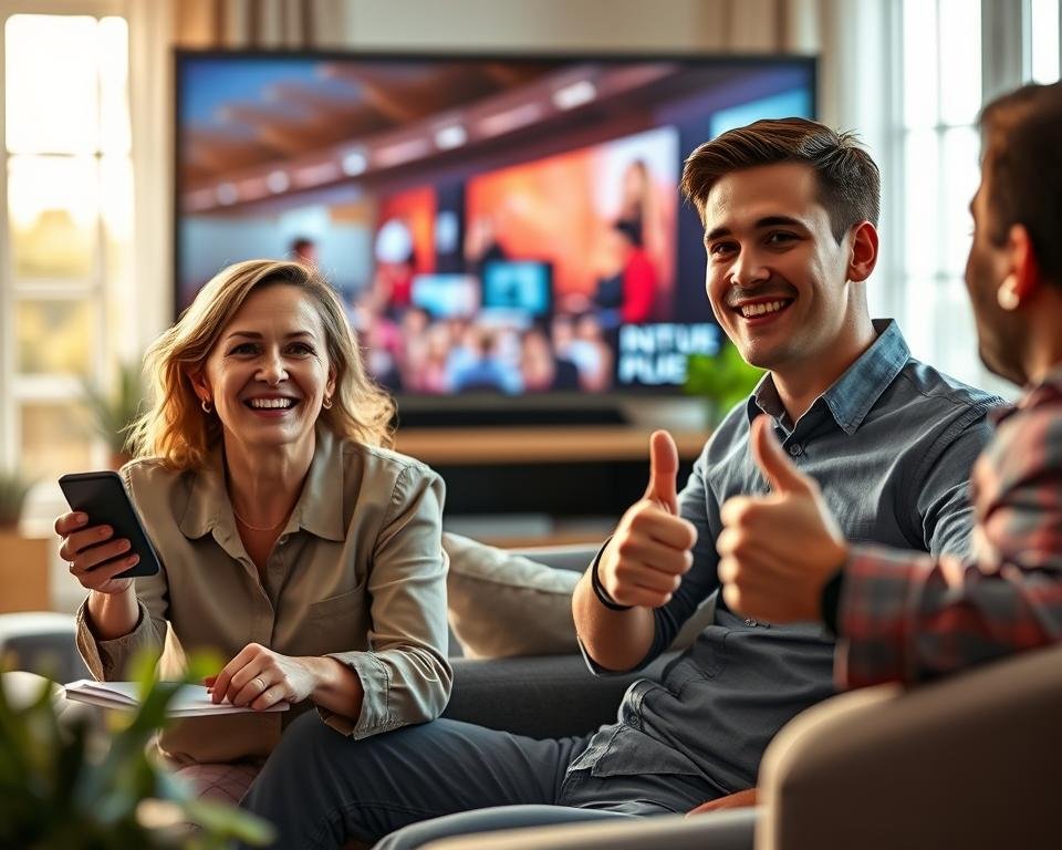 A close-up scene of diverse, satisfied customers sitting in a cozy living room, enjoying IPTV streaming on a large screen TV. In the foreground, a middle-aged woman in professional casual attire smiles joyfully while holding a remote, displaying a lively show. Beside her, a young man in a button-up shirt gives a thumbs-up, expressing his approval. In the background, a window shows a sunny day, enhancing a warm, inviting atmosphere. Soft, natural light spills in, creating a friendly and engaging ambiance. The room is stylishly decorated with modern furniture and plants, emphasizing comfort and satisfaction with streaming services. The composition captures genuine user experiences without text or distractions. A close-up scene of diverse, satisfied customers sitting in a cozy living room, enjoying IPTV streaming on a large screen TV. In the foreground, a middle-aged woman in professional casual attire smiles joyfully while holding a remote, displaying a lively show. Beside her, a young man in a button-up shirt gives a thumbs-up, expressing his approval. In the background, a window shows a sunny day, enhancing a warm, inviting atmosphere. Soft, natural light spills in, creating a friendly and engaging ambiance. The room is stylishly decorated with modern furniture and plants, emphasizing comfort and satisfaction with streaming services. The composition captures genuine user experiences without text or distractions.