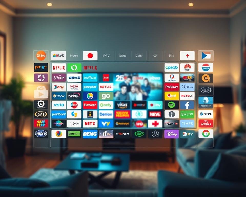 A comprehensive and visually engaging collage displaying an overview of IPTV channels in the Netherlands. In the foreground, feature vibrant icons or logos representing a variety of popular Dutch IPTV channels, arranged in an organized grid format for clarity. The middle ground should include a stylish digital interface resembling a TV guide overlay, with sleek lines and modern design elements. In the background, a softly blurred living room setting with a television displaying these channels, bathed in warm ambient lighting. Include elements such as comfortable seating and subtle decor to evoke a cozy viewing atmosphere. The image should be bright and inviting, radiating a sense of modern entertainment. A comprehensive and visually engaging collage displaying an overview of IPTV channels in the Netherlands. In the foreground, feature vibrant icons or logos representing a variety of popular Dutch IPTV channels, arranged in an organized grid format for clarity. The middle ground should include a stylish digital interface resembling a TV guide overlay, with sleek lines and modern design elements. In the background, a softly blurred living room setting with a television displaying these channels, bathed in warm ambient lighting. Include elements such as comfortable seating and subtle decor to evoke a cozy viewing atmosphere. The image should be bright and inviting, radiating a sense of modern entertainment.