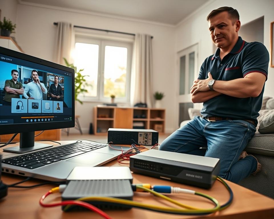 A cozy home workspace featuring a knowledgeable technician demonstrating IPTV installation steps. In the foreground, a laptop displays an IPTV interface, while the technician, dressed in a professional polo shirt and jeans, is calmly connecting cables and explaining the setup. In the middle ground, various IPTV devices such as a set-top box and modem are neatly organized, with colorful cables artfully arranged. The background reveals a bright, uncluttered room with soft lighting, accentuated by a large window showcasing a sunny day outside. The atmosphere is encouraging and informative, evoking a sense of ease and professionalism in configuring IPTV systems. The angle captures both the technician's focused expression and the setup process, ensuring a clear view of all components involved. A cozy home workspace featuring a knowledgeable technician demonstrating IPTV installation steps. In the foreground, a laptop displays an IPTV interface, while the technician, dressed in a professional polo shirt and jeans, is calmly connecting cables and explaining the setup. In the middle ground, various IPTV devices such as a set-top box and modem are neatly organized, with colorful cables artfully arranged. The background reveals a bright, uncluttered room with soft lighting, accentuated by a large window showcasing a sunny day outside. The atmosphere is encouraging and informative, evoking a sense of ease and professionalism in configuring IPTV systems. The angle captures both the technician's focused expression and the setup process, ensuring a clear view of all components involved.