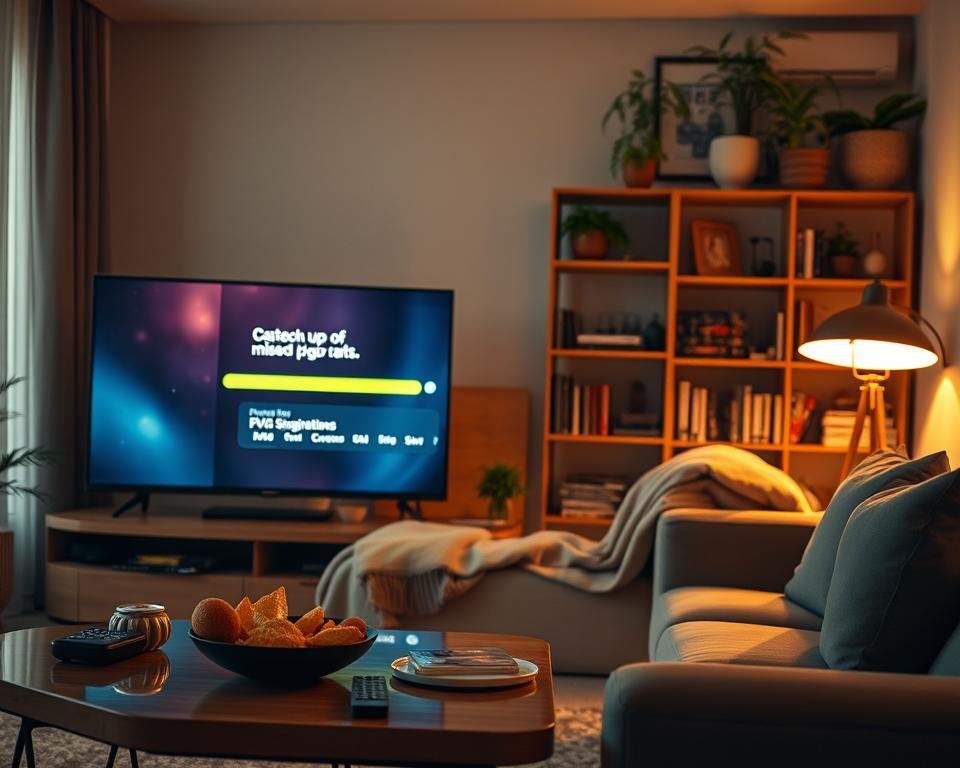 A cozy living room featuring a modern flat-screen television displaying a paused TV show interface, symbolizing the "catch-up" function of missed programs. In the foreground, a stylish coffee table with snacks and a remote control. In the middle, a comfortable sofa with a soft throw blanket draped over it. The warm ambient lighting creates a relaxed atmosphere, with a floor lamp casting soft shadows. The background features a shelf adorned with DVD collections and plants, enhancing the homey feel. The image captures a sense of convenience and leisure, emphasizing the ease of viewing programs at one's own pace. A cozy living room featuring a modern flat-screen television displaying a paused TV show interface, symbolizing the "catch-up" function of missed programs. In the foreground, a stylish coffee table with snacks and a remote control. In the middle, a comfortable sofa with a soft throw blanket draped over it. The warm ambient lighting creates a relaxed atmosphere, with a floor lamp casting soft shadows. The background features a shelf adorned with DVD collections and plants, enhancing the homey feel. The image captures a sense of convenience and leisure, emphasizing the ease of viewing programs at one's own pace.