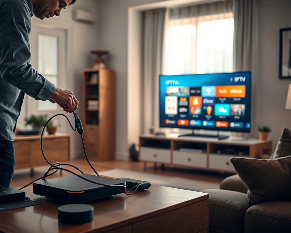 A cozy living room scene featuring a modern TV setup showcasing IPTV technology. In the foreground, a person in professional attire is attentively connecting cables to a sleek streaming device on a stylish media console, surrounded by various tech gadgets. The midground displays a large, flat-screen television with an IPTV interface, glowing softly with vibrant, colorful icons illustrating a range of channels. The background includes a neatly arranged bookshelf and tasteful décor, illuminated by natural light streaming through a nearby window, creating a warm and inviting atmosphere. The overall mood is one of simplicity and ease, emphasizing the straightforward installation process without distractions or clutter.