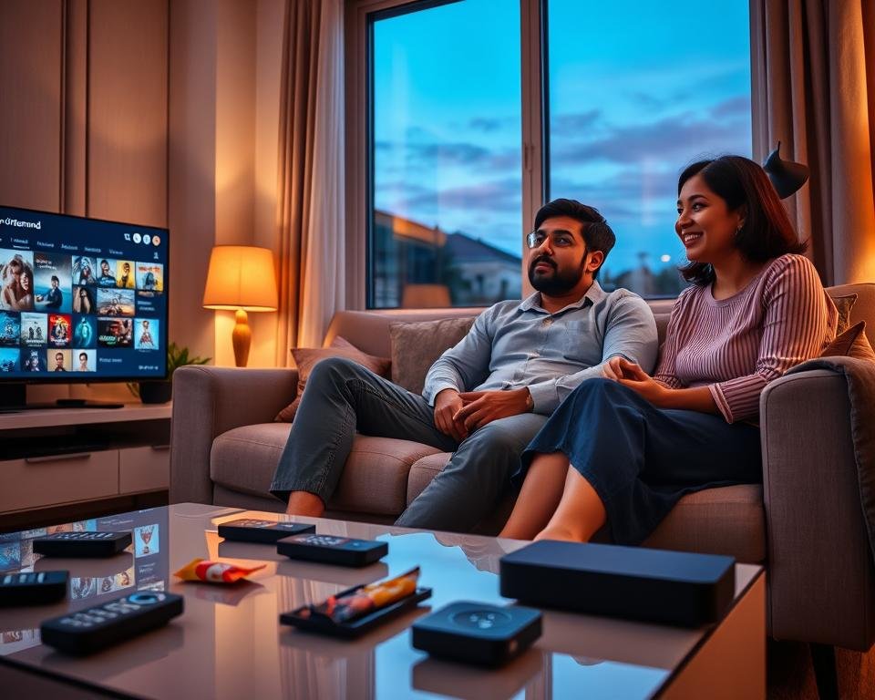 A cozy living room setting showcasing a variety of digital devices, including a smart TV displaying thumbnails of colorful on-demand films and series. In the foreground, a sleek coffee table is scattered with remotes and snacks, inviting relaxation. The middle ground features a plush sofa where a diverse group of three individuals (one Black woman in smart attire, one Hispanic man in casual wear, and one Asian woman dressed modestly) are engaged in viewing content with expressions of delight and intrigue. Soft, warm lighting creates an inviting atmosphere, with a window in the background revealing a calm evening sky. The angle is slightly elevated, focusing on the group and the screen, emphasizing a sense of togetherness and shared entertainment. A cozy living room setting showcasing a variety of digital devices, including a smart TV displaying thumbnails of colorful on-demand films and series. In the foreground, a sleek coffee table is scattered with remotes and snacks, inviting relaxation. The middle ground features a plush sofa where a diverse group of three individuals (one Black woman in smart attire, one Hispanic man in casual wear, and one Asian woman dressed modestly) are engaged in viewing content with expressions of delight and intrigue. Soft, warm lighting creates an inviting atmosphere, with a window in the background revealing a calm evening sky. The angle is slightly elevated, focusing on the group and the screen, emphasizing a sense of togetherness and shared entertainment.
