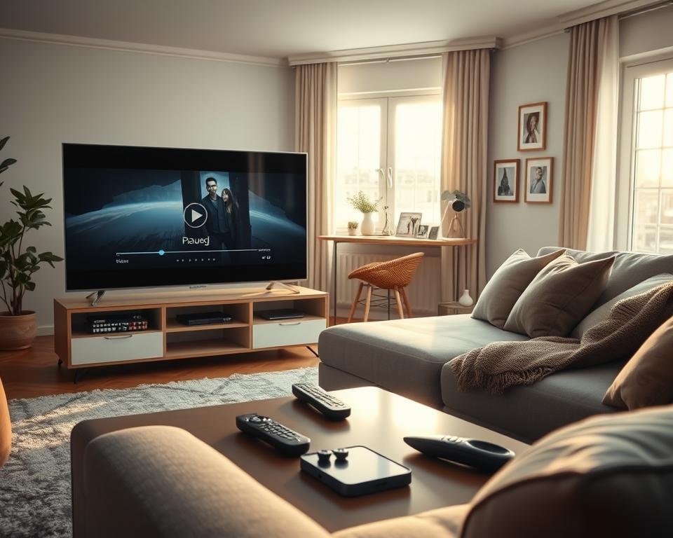 A cozy, modern living room scene illustrating the "Kijk terug functie." In the foreground, a sleek TV displaying a paused video playback interface with a play icon highlighted, surrounded by a stylish coffee table with remote controls placed neatly. In the middle, an inviting sofa with plush cushions, a warm throw blanket draped over one arm, and a few framed family photos on the walls. The background shows a softly lit room with large windows allowing gentle sunlight to filter in, casting a warm glow. Use a wide-angle perspective to enhance the spaciousness. The atmosphere should feel relaxing and homely, with a color palette of soft blues and warm neutrals, emphasizing comfort and entertainment.
