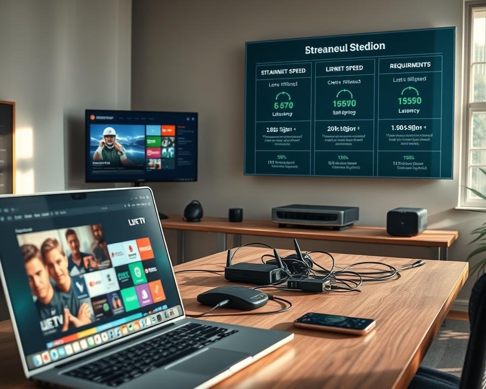 A detailed and modern workspace illustrating the technical requirements for a stable internet connection. In the foreground, a sleek laptop displays a live TV interface, showcasing vibrant streaming options. In the middle, a well-organized desk features a high-speed router, network cables neatly arranged, and a smartphone showing network settings. In the background, a digital wall chart highlights essential internet speed metrics and requirements, with icons representing bandwidth and latency. Soft, natural lighting filters through a nearby window, casting gentle shadows across the workspace. The scene exudes a professional atmosphere, emphasizing connectivity and technology, designed to resonate with viewers interested in streaming live TV effectively. A detailed and modern workspace illustrating the technical requirements for a stable internet connection. In the foreground, a sleek laptop displays a live TV interface, showcasing vibrant streaming options. In the middle, a well-organized desk features a high-speed router, network cables neatly arranged, and a smartphone showing network settings. In the background, a digital wall chart highlights essential internet speed metrics and requirements, with icons representing bandwidth and latency. Soft, natural lighting filters through a nearby window, casting gentle shadows across the workspace. The scene exudes a professional atmosphere, emphasizing connectivity and technology, designed to resonate with viewers interested in streaming live TV effectively.