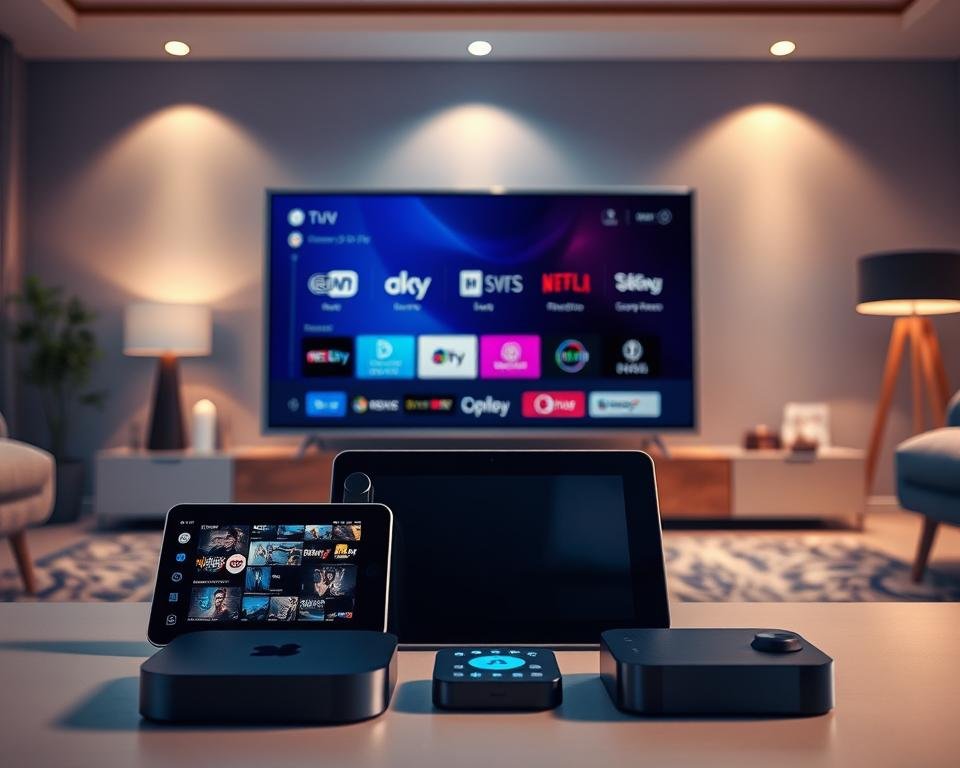 A diverse group of three modern electronic devices prominently displayed in the foreground: a sleek smart TV with a vibrant screen, a tablet with an interactive interface, and a compact streaming device. In the middle ground, show a subtle array of logos and icons representing various streaming platforms, seamlessly integrated with the devices. The background features a contemporary living room setting with soft, inviting lighting casting gentle shadows, creating a cozy atmosphere. The overall mood is modern and tech-savvy, suggesting compatibility and user-friendliness. Use a warm color palette with a focus on blues and whites for technology, ensuring the devices look appealing and accessible. Render the scene with a wide-angle lens effect for depth. Exclude any text or branding elements. A diverse group of three modern electronic devices prominently displayed in the foreground: a sleek smart TV with a vibrant screen, a tablet with an interactive interface, and a compact streaming device. In the middle ground, show a subtle array of logos and icons representing various streaming platforms, seamlessly integrated with the devices. The background features a contemporary living room setting with soft, inviting lighting casting gentle shadows, creating a cozy atmosphere. The overall mood is modern and tech-savvy, suggesting compatibility and user-friendliness. Use a warm color palette with a focus on blues and whites for technology, ensuring the devices look appealing and accessible. Render the scene with a wide-angle lens effect for depth. Exclude any text or branding elements.