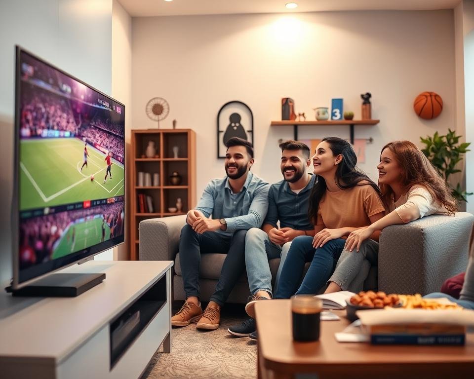 A dynamic scene capturing live sports streaming in a modern living room environment. In the foreground, a sleek entertainment center with a large flat-screen TV shows an exciting sports match, with vivid colors and intense action. In the middle ground, a diverse group of three friends, dressed in casual yet neat clothing, are sitting on a comfortable sofa, their faces expressing enthusiasm and engagement as they watch the game. The background features soft ambient lighting that creates a warm and inviting atmosphere, with sports memorabilia and snacks on a nearby table. Capture the excitement of live sports, emphasizing camaraderie and enjoyment. The perspective is slightly angled to showcase both the TV and the friends in an intimate setting.
