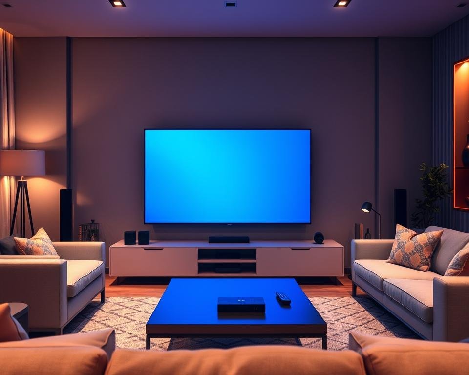 A high-tech living room showcasing a sleek, modern entertainment setup for IPTV streaming. In the foreground, a large, ultra-high-definition 4K television displays vibrant colors and deep contrast, emphasizing the clarity of the streaming content. Surrounding the TV are minimalist furniture pieces in a cozy yet sophisticated layout. The middle ground features a stylish coffee table with a remote control and smart device, hinting at advanced technology. The background is softly illuminated by warm ambient lighting that enhances a relaxed atmosphere. The overall mood conveys comfort and innovation, ideal for viewers enjoying high-quality TV experiences in the Netherlands. The scene should be captured from a slightly elevated angle, focusing on the television and living space without any people present. A high-tech living room showcasing a sleek, modern entertainment setup for IPTV streaming. In the foreground, a large, ultra-high-definition 4K television displays vibrant colors and deep contrast, emphasizing the clarity of the streaming content. Surrounding the TV are minimalist furniture pieces in a cozy yet sophisticated layout. The middle ground features a stylish coffee table with a remote control and smart device, hinting at advanced technology. The background is softly illuminated by warm ambient lighting that enhances a relaxed atmosphere. The overall mood conveys comfort and innovation, ideal for viewers enjoying high-quality TV experiences in the Netherlands. The scene should be captured from a slightly elevated angle, focusing on the television and living space without any people present.