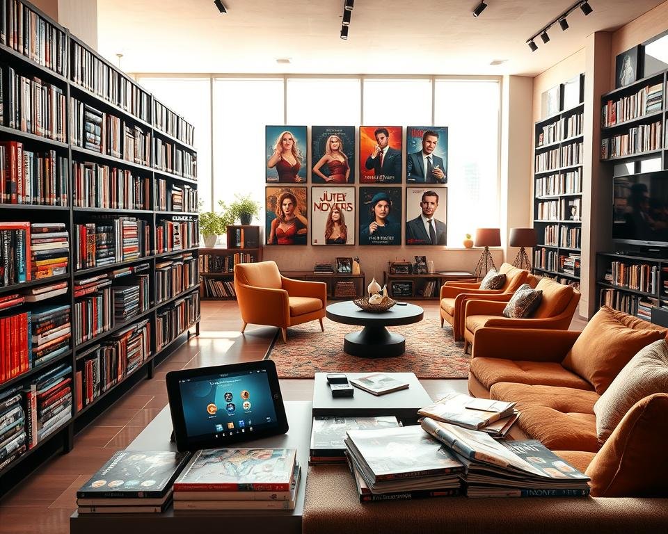 A modern and expansive digital content library scene, showcasing a variety of genres and media formats. In the foreground, a sleek, high-tech bookshelf filled with vibrant DVD cases and streaming devices, including a small tablet displaying a user-friendly interface. The middle ground features a comfortable, inviting seating area with stylish chairs and a coffee table strewn with magazines related to entertainment. In the background, large windows let in bright, natural light, illuminating a wall with framed posters of popular shows and movies, creating a lively atmosphere. The entire setting exudes a cozy yet contemporary vibe, emphasizing the vast possibilities of content available for viewers. Soft shadows and warm lighting enhance the inviting feel of the space.