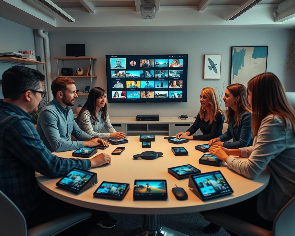 A modern and innovative office environment showcasing a unique IPTV streaming setup. In the foreground, a diverse group of professionals—two men and two women—are actively engaged in a brainstorming session around a sleek, round table filled with digital devices displaying live IPTV streams. The middle ground features a large digital screen on the wall showing vibrant thumbnails of Dutch TV channels. The background includes shelves with tech gadgets and a wall decorated with modern art, reflecting a creative workspace. Soft, natural lighting illuminates the scene, creating a welcoming atmosphere. The angle is slightly above eye level, providing a comprehensive view of the collaborative environment. The mood is dynamic and focused, illustrating teamwork and innovation in the world of streaming technology.