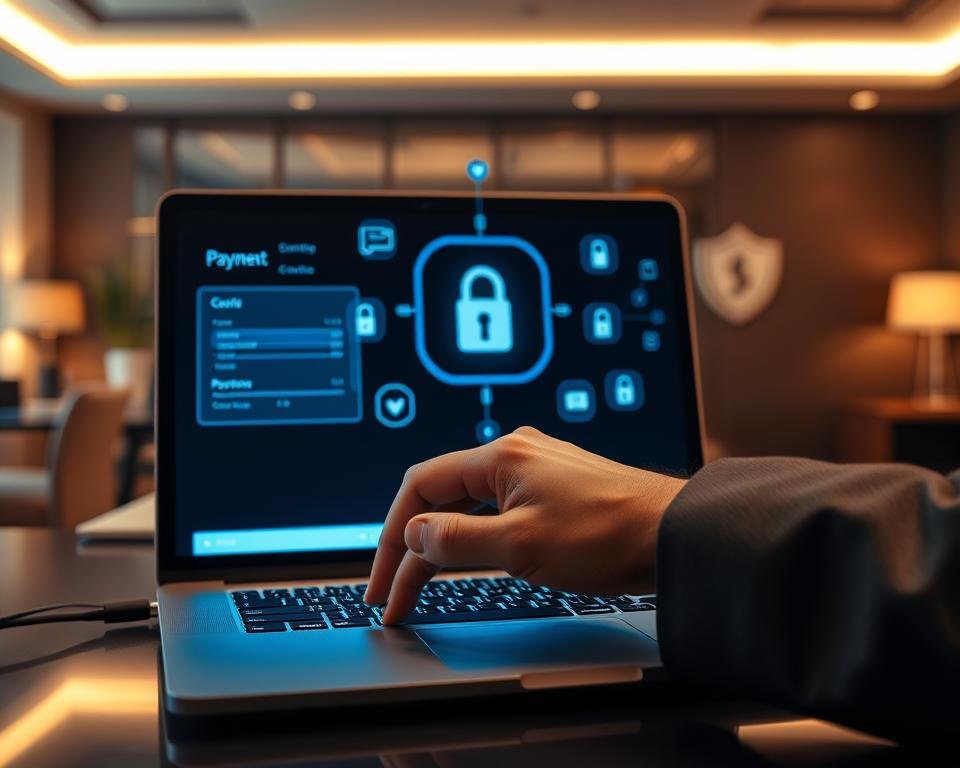 A modern and secure online payment system depicted in a professional setting. In the foreground, a sleek laptop with an open payment interface, glowing with a soft blue light, symbolizing security. A hand, wearing a business suit, hovers over the keyboard, poised to make a transaction. In the middle, a digital screen shows various payment icons (like credit cards and digital wallets), all displayed smoothly. The background features an office environment with abstract security symbols subtly integrated into the decor, such as padlocks and shields. Warm, ambient lighting creates a professional atmosphere, enhancing feelings of trust and reliability. The overall composition is balanced, focusing on the themes of safety and professionalism in digital transactions.