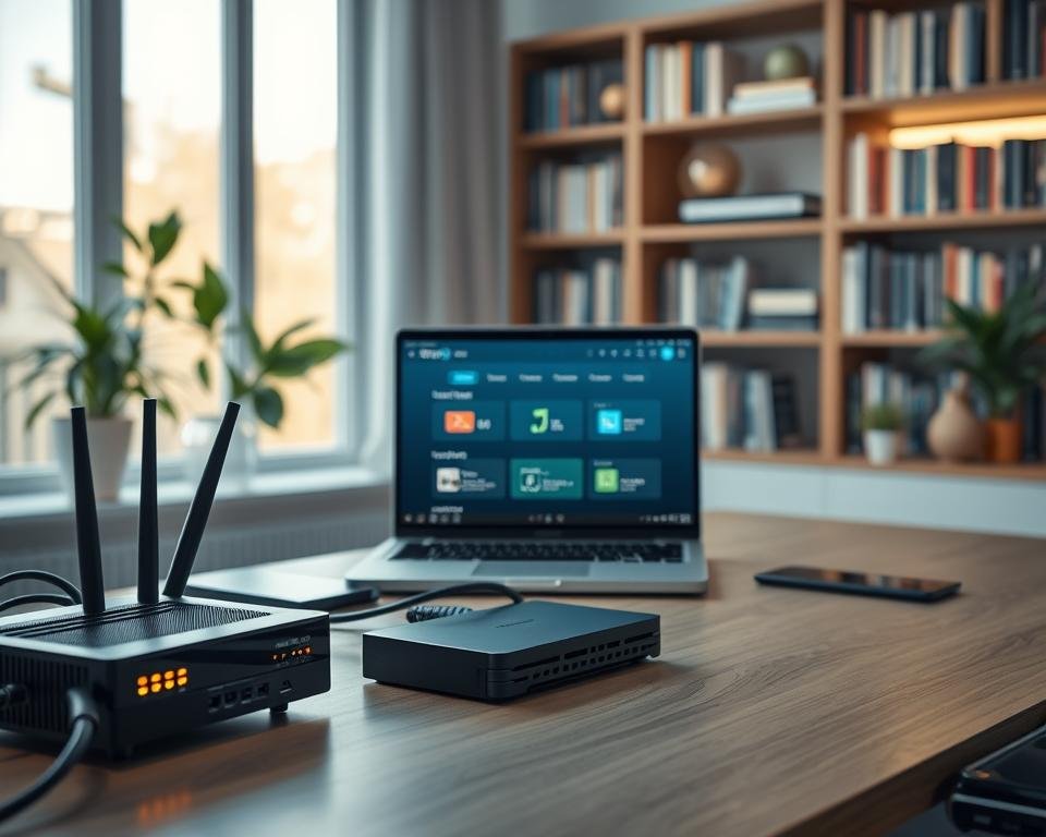 A modern and sleek home office setting showcasing the technical requirements for IPTV installation. In the foreground, a stylish desk holds a high-performance streaming device, a router with blinking lights, and an array of cables neatly organized. In the middle, a laptop displays a network setup interface with vibrant graphics illustrating connectivity options. The background features a large window with natural light streaming in, contrasting with a softly blurred bookshelf filled with technology books. The atmosphere is professional and focused, suggesting innovation and efficiency, with a cool color palette of blues and greys. The scene should convey a sense of clarity and sophistication, creating an inviting yet high-tech impression of IPTV technology.