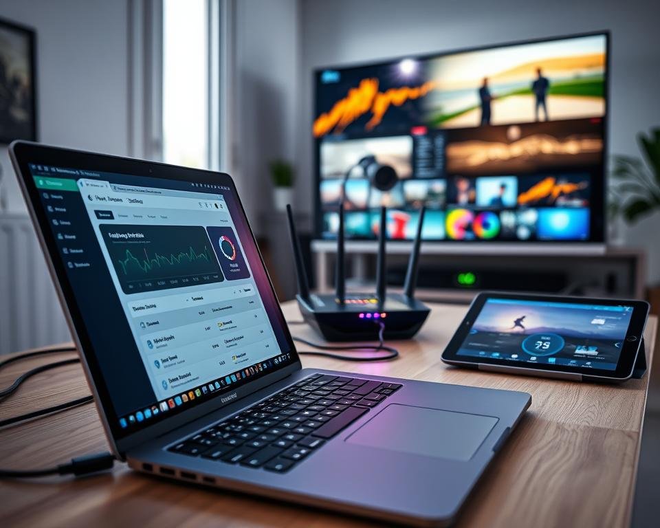 A modern digital workspace illustrating "technische vereisten streaming," featuring a sleek laptop with streaming software open, surrounded by technical devices like a high-speed router and a large monitor displaying vibrant streaming content. The foreground includes a close-up of the laptop screen showing bandwidth analytics and a checklist of system requirements. The middle focuses on the router with colorful LED lights, symbolizing high performance, and a tablet with a streaming app interface. The background showcases a bright, minimalist home office with soft, natural lighting coming through a window, casting subtle shadows. The atmosphere is professional and tech-savvy, reflecting innovation and efficiency in streaming technology. The scene should convey clarity, focus, and modernity.