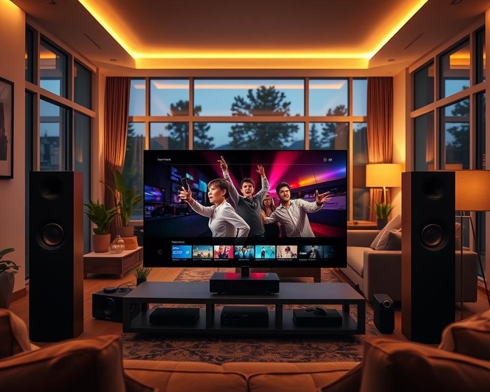 A modern home entertainment setup showcasing high-quality audio and visual experience. In the foreground, a sleek flat-screen TV displays vivid colors and crisp details from a streaming service, surrounded by elegant sound speakers that emit soft light. The middle ground features a stylish lounge area with a comfortable sofa and decorative elements that enhance the ambiance. In the background, soft ambient lighting creates a cozy atmosphere, while large windows offer a glimpse of a serene evening outside. The scene is captured with a warm, inviting lens effect, portraying a relaxed mood, emphasizing the richness of sound and clarity of image, ideal for enjoying IPTV services.