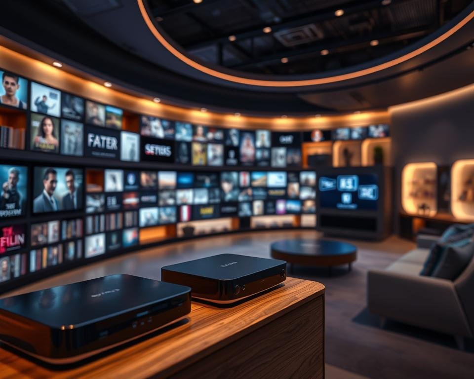 A modern, inviting video on demand library located in a cozy, dimly-lit room. In the foreground, sleek, high-tech streaming devices are elegantly arranged on a polished wooden shelf. The middle ground features an expansive array of digital screens, each showcasing various film covers and series titles, radiating a soft glow. The background includes a futuristic, minimalist lounge area with comfortable sofas and ambient lights creating a serene atmosphere. Soft, diffused lighting casts gentle shadows, enhancing the cozy vibe. The scene conveys a sense of relaxation and accessibility, inviting viewers to explore a wealth of entertainment options in a stylish setting. Focus on clarity and detail while ensuring the ambiance remains inviting and warm.