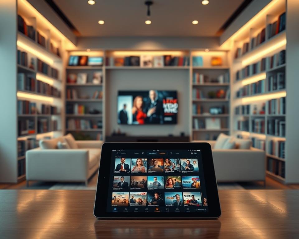 A modern, inviting video on demand library setup showcasing an extensive digital media collection. In the foreground, a sleek, high-tech tablet displays a vibrant user interface filled with film and television thumbnails. The middle ground features a stylish living room scene, complete with a comfortable sofa and a large flat-screen TV, hinting at the joy of streaming. In the background, softly lit shelves are packed with virtual media titles and colorful digital icons, representing various genres and categories. The room is bathed in warm lighting, creating a cozy atmosphere. Use a wide-angle lens to capture depth and immerse the viewers in the experience, embodying a sense of ease and enjoyment in exploring the vast library of on-demand content.