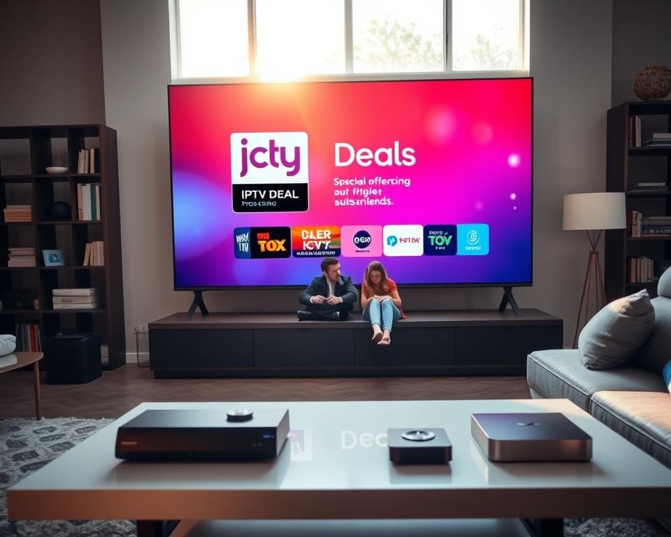 A modern living room featuring a large flat-screen TV displaying a colorful advertisement for IPTV deals. In the foreground, a sleek coffee table holds a remote control and various streaming devices. The middle section showcases a comfortable sofa with a family sitting together, dressed in smart casual clothing, enjoying their TV time. The background includes a stylish bookshelf and soft ambient lighting, creating a cozy atmosphere. Sunlight filters in through a window, casting warm light across the room. The overall mood is inviting and engaging, reflecting the concept of special offers and subscription options for streaming services in the Netherlands. A modern living room featuring a large flat-screen TV displaying a colorful advertisement for IPTV deals. In the foreground, a sleek coffee table holds a remote control and various streaming devices. The middle section showcases a comfortable sofa with a family sitting together, dressed in smart casual clothing, enjoying their TV time. The background includes a stylish bookshelf and soft ambient lighting, creating a cozy atmosphere. Sunlight filters in through a window, casting warm light across the room. The overall mood is inviting and engaging, reflecting the concept of special offers and subscription options for streaming services in the Netherlands.