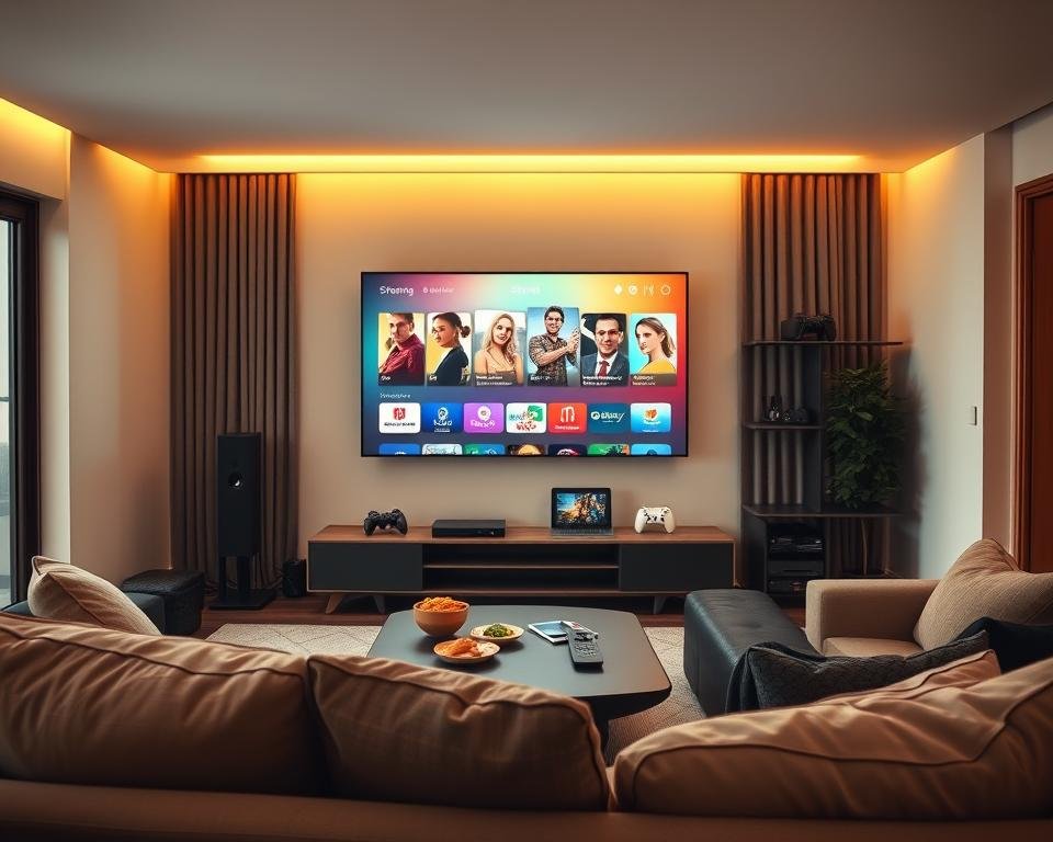 A modern living room featuring a large flat-screen TV displaying a vibrant streaming interface, surrounded by various compatible streaming devices such as a sleek media player, a smart speaker, and a gaming console. In the foreground, a cozy sofa with plush cushions invites viewers in, while a stylish coffee table holds a remote control and snacks. The middle ground showcases a neatly arranged entertainment unit with additional gadgets like a tablet and a laptop. Soft, warm lighting creates an inviting atmosphere, while a large window in the background allows for natural light to filter in. The overall mood is relaxed and tech-savvy, emphasizing the convenience of streaming across multiple devices. A modern living room featuring a large flat-screen TV displaying a vibrant streaming interface, surrounded by various compatible streaming devices such as a sleek media player, a smart speaker, and a gaming console. In the foreground, a cozy sofa with plush cushions invites viewers in, while a stylish coffee table holds a remote control and snacks. The middle ground showcases a neatly arranged entertainment unit with additional gadgets like a tablet and a laptop. Soft, warm lighting creates an inviting atmosphere, while a large window in the background allows for natural light to filter in. The overall mood is relaxed and tech-savvy, emphasizing the convenience of streaming across multiple devices.