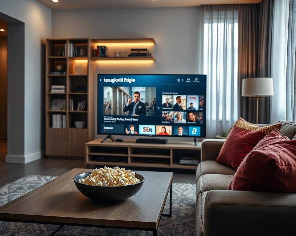 A modern living room featuring a sleek, flat-screen TV displaying a user interface of a "terugkijk functie" (catch-up feature) for streaming content. In the foreground, a stylish coffee table holds a bowl of popcorn, and a cozy couch is adorned with vibrant cushions. In the middle, the TV screen glows softly, showing a paused scene from a popular series, highlighting the intuitive design of the catch-up interface, perhaps with thumbnails of available episodes. The background reveals a softly lit bookshelf, filled with books and decorative items, and a window with sheer curtains allowing natural light to filter in, creating a warm, inviting atmosphere. The mood is relaxed and inviting, emphasizing home entertainment.