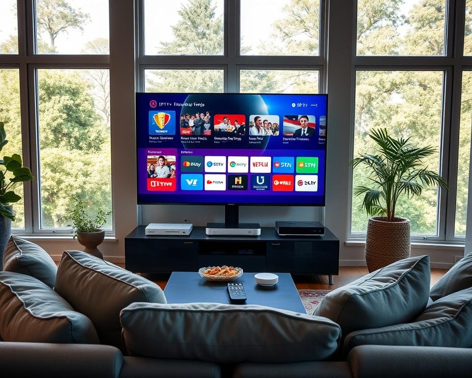 A modern living room featuring a sleek flat-screen television displaying a vibrant IPTV interface, showcasing various channels from the Netherlands. In the foreground, a comfortable couch with neatly arranged pillows invites viewers to relax, while a coffee table holds snacks and a remote control. The middle ground features a stylish entertainment unit with streaming devices and satellite boxes. Large windows allow natural light to flood the room, creating a warm and inviting atmosphere. In the background, soft greenery can be seen through the windows, enhancing the homey feel. The mood is cozy and modern, perfect for a family enjoying their favorite shows together. The lighting is bright yet soft, giving a friendly and engaging ambiance. A modern living room featuring a sleek flat-screen television displaying a vibrant IPTV interface, showcasing various channels from the Netherlands. In the foreground, a comfortable couch with neatly arranged pillows invites viewers to relax, while a coffee table holds snacks and a remote control. The middle ground features a stylish entertainment unit with streaming devices and satellite boxes. Large windows allow natural light to flood the room, creating a warm and inviting atmosphere. In the background, soft greenery can be seen through the windows, enhancing the homey feel. The mood is cozy and modern, perfect for a family enjoying their favorite shows together. The lighting is bright yet soft, giving a friendly and engaging ambiance.