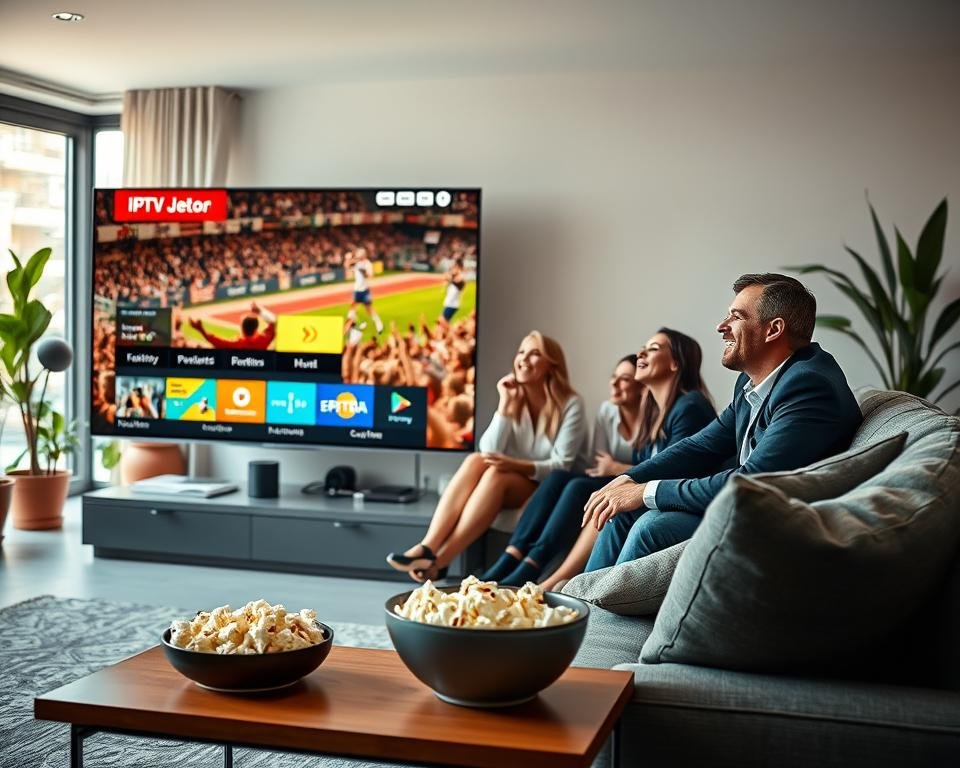 A modern living room featuring a sleek, large flat-screen television displaying a vibrant IPTV interface with colorful Dutch TV channel logos. In the foreground, a comfortable sofa with a stylish coffee table, where a bowl of popcorn sits invitingly. The middle layer showcases a family of four, dressed in smart casual attire, eagerly watching a sports match on the screen, their expressions filled with excitement and engagement. The background includes a large window with natural light streaming in, casting a warm glow across the room filled with plants and contemporary decor. The overall mood is lively and joyful, capturing the essence of family entertainment and modern technology. Use soft, ambient lighting to emphasize a cozy atmosphere.