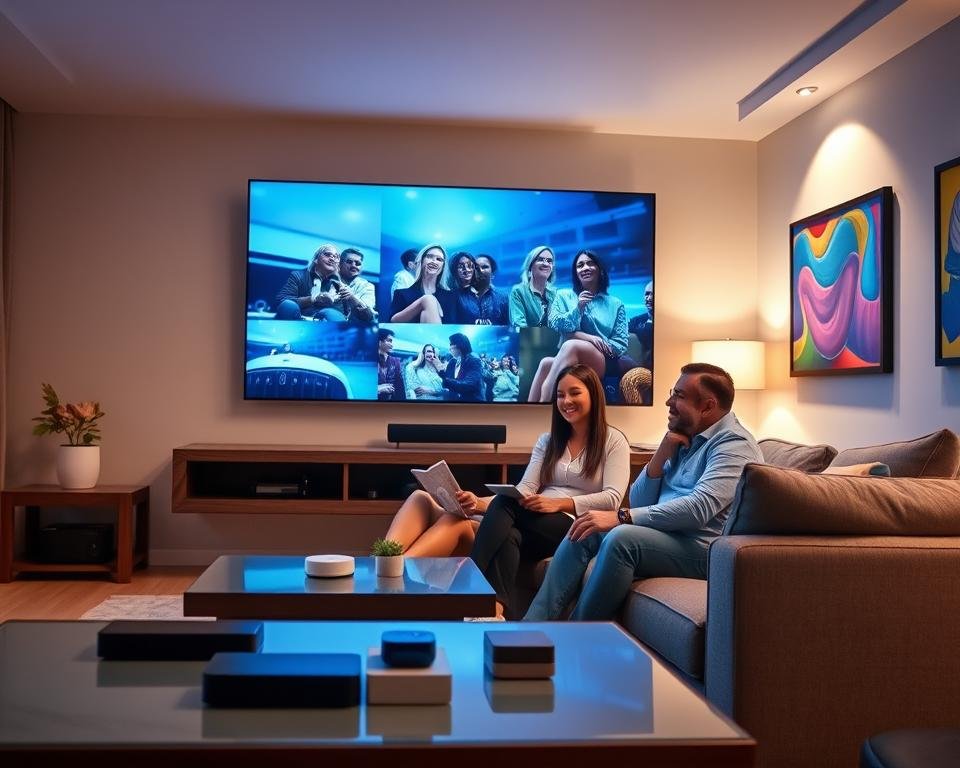 A modern living room interior showcases a sleek large-screen television displaying crystal-clear live streaming content. In the foreground, a stylish coffee table with remote controls and sleek gadgets adds to the high-tech feel. The middle ground features a comfortable sofa where a diverse group of two adults, dressed in business casual attire, are engaged and smiling as they watch the screen intently. In the background, soft ambient lighting creates a cozy yet vibrant atmosphere, while colorful artwork decorates the walls, hinting at a contemporary aesthetic. Capture this scene from a slightly elevated angle to emphasize the immersive experience of quality streaming, evoking a sense of excitement and sophistication. A modern living room interior showcases a sleek large-screen television displaying crystal-clear live streaming content. In the foreground, a stylish coffee table with remote controls and sleek gadgets adds to the high-tech feel. The middle ground features a comfortable sofa where a diverse group of two adults, dressed in business casual attire, are engaged and smiling as they watch the screen intently. In the background, soft ambient lighting creates a cozy yet vibrant atmosphere, while colorful artwork decorates the walls, hinting at a contemporary aesthetic. Capture this scene from a slightly elevated angle to emphasize the immersive experience of quality streaming, evoking a sense of excitement and sophistication.