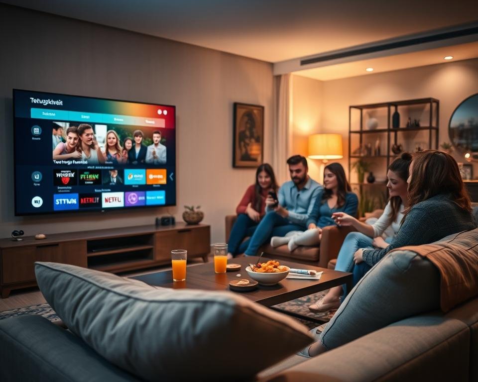 A modern living room scene featuring a large, flat-screen television displaying a colorful streaming service interface, showcasing a "Terugkijkfunctie" selection. In the foreground, a cozy sofa with plush cushions is placed at an inviting angle, surrounded by a stylish coffee table adorned with snacks and drinks. The middle ground highlights a family of diverse individuals, comfortably dressed in casual attire, engaging with a smart remote, reflecting a sense of enjoyment and connectivity. In the background, soft ambient lighting and tasteful decor create a warm, inviting atmosphere, enhancing the feeling of home entertainment. The image is captured from a slightly elevated angle, providing a comprehensive view of the scene. A modern living room scene featuring a large, flat-screen television displaying a colorful streaming service interface, showcasing a "Terugkijkfunctie" selection. In the foreground, a cozy sofa with plush cushions is placed at an inviting angle, surrounded by a stylish coffee table adorned with snacks and drinks. The middle ground highlights a family of diverse individuals, comfortably dressed in casual attire, engaging with a smart remote, reflecting a sense of enjoyment and connectivity. In the background, soft ambient lighting and tasteful decor create a warm, inviting atmosphere, enhancing the feeling of home entertainment. The image is captured from a slightly elevated angle, providing a comprehensive view of the scene.