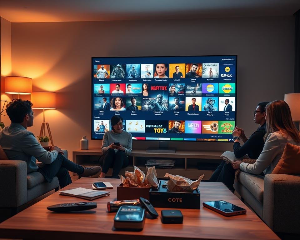 A modern living room scene featuring a sleek flat-screen TV displaying a vibrant array of channels and on-demand content, their thumbnails showcasing various genres such as movies, sports, and documentaries. In the foreground, a stylish coffee table is cluttered with remote controls, snacks, and a smartphone. The middle layer captures people of diverse backgrounds in smart casual attire, engaged in watching and discussing content, emitting a sense of excitement and entertainment. The background features a cozy, well-lit room with warm ambient lighting from floor lamps, creating a relaxed atmosphere. Use a slightly angled perspective to draw the viewer's eye toward the TV screen, accentuating the vast selection of viewing options. The overall mood is inviting and dynamic, reflecting the richness of IPTV offerings in the Netherlands. A modern living room scene featuring a sleek flat-screen TV displaying a vibrant array of channels and on-demand content, their thumbnails showcasing various genres such as movies, sports, and documentaries. In the foreground, a stylish coffee table is cluttered with remote controls, snacks, and a smartphone. The middle layer captures people of diverse backgrounds in smart casual attire, engaged in watching and discussing content, emitting a sense of excitement and entertainment. The background features a cozy, well-lit room with warm ambient lighting from floor lamps, creating a relaxed atmosphere. Use a slightly angled perspective to draw the viewer's eye toward the TV screen, accentuating the vast selection of viewing options. The overall mood is inviting and dynamic, reflecting the richness of IPTV offerings in the Netherlands.