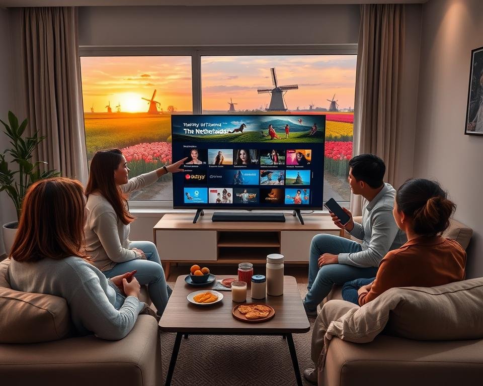 A modern living room scene illustrating the concept of IPTV in the Netherlands. In the foreground, a family of four, dressed in comfortable yet modest clothing, is gathered around a sleek, large-screen television displaying various streaming options. The mother points to the screen, while the father reviews a tablet, both engaged in discussing their choices. In the middle ground, a stylish coffee table holds snacks and drinks, adding an inviting touch. The background features a window with a view of a serene Dutch landscape, showcasing windmills and tulip fields under a warm, golden sunset. Soft, ambient lighting enhances the cozy atmosphere of the space, creating a feeling of relaxation and enjoyment. The camera angle is slightly angled to capture both the family's interaction and the vibrant TV display without any text or distractions.