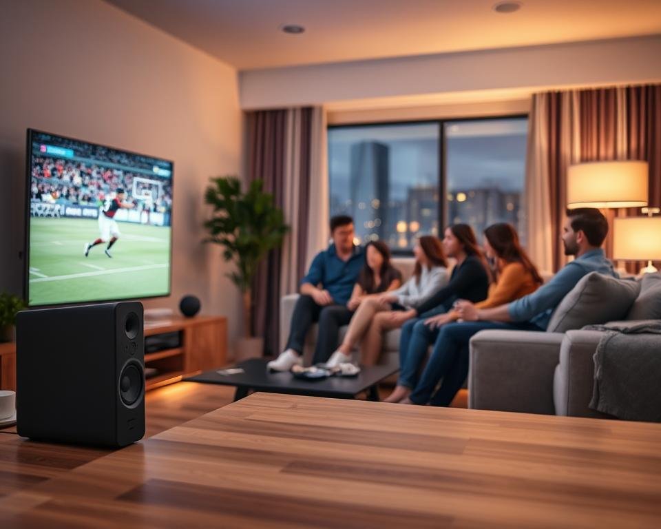 A modern living room scene, showcasing a high-definition television displaying a vivid and dynamic sports broadcast, emphasizing exceptional image quality. In the foreground, a sleek sound system exudes sophistication, with speakers positioned strategically to enhance audio experience. The middle ground features a cozy sofa with a family gathered around, enjoying the show, all dressed in smart casual clothing. Soft, warm lighting from elegant lamps creates an inviting atmosphere, reflecting a sense of comfort and enjoyment. The background includes stylish decor elements and a window with city lights visible outside, highlighting an engaging evening setting. The overall mood conveys a harmonious blend of family enjoyment and high-quality entertainment, capturing the essence of superior image and sound quality in IPTV viewing. A modern living room scene, showcasing a high-definition television displaying a vivid and dynamic sports broadcast, emphasizing exceptional image quality. In the foreground, a sleek sound system exudes sophistication, with speakers positioned strategically to enhance audio experience. The middle ground features a cozy sofa with a family gathered around, enjoying the show, all dressed in smart casual clothing. Soft, warm lighting from elegant lamps creates an inviting atmosphere, reflecting a sense of comfort and enjoyment. The background includes stylish decor elements and a window with city lights visible outside, highlighting an engaging evening setting. The overall mood conveys a harmonious blend of family enjoyment and high-quality entertainment, capturing the essence of superior image and sound quality in IPTV viewing.