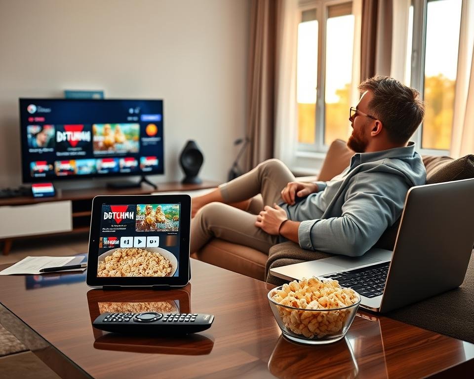 A modern living room scene showcasing a variety of devices compatible with IPTV streaming, including a smart TV, tablet, smartphone, and laptop, all displaying vibrant images of Dutch TV channels. In the foreground, a sleek coffee table holds a remote control and a bowl of popcorn, inviting a cozy viewing atmosphere. The middle ground features a comfortable sofa where an adult in professional casual clothing is relaxing, gazing at the TV screen with a smile. In the background, a well-lit window reveals a sunny day outside, casting warm light into the room, enhancing the inviting ambiance. The overall mood is relaxed and engaging, emphasizing the connection and compatibility of different devices for enjoying seamless content streaming.