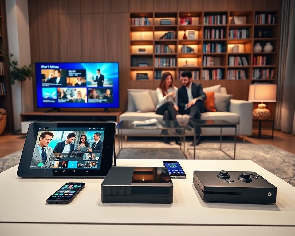 A modern living room scene showcasing compatibility with all devices, featuring a sleek Smart TV, a tablet, a smartphone, and a gaming console, all displaying vibrant IPTV content. In the foreground, a stylish coffee table with the devices is arranged neatly, reflecting a sense of organization. The middle layer displays a comfortable couch with two people in professional business attire, discussing the different features of the devices. The background is softly lit to create a warm atmosphere, with ambient lighting highlighting a bookshelf filled with tech magazines. Use a wide-angle lens to capture the entire scene, emphasizing the devices' connectivity. The overall mood is professional yet inviting, symbolizing modern technology integration in everyday life.