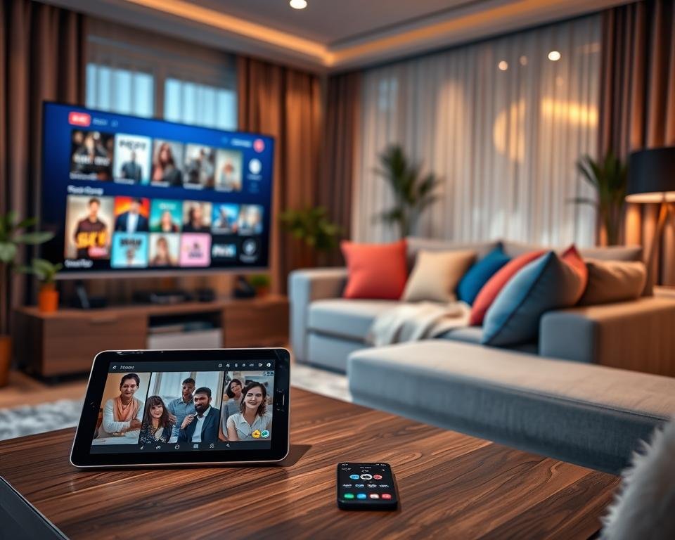A modern living room set up with various supported devices for Dark IPTV streaming. In the foreground, a sleek smart TV displays a vibrant interface showing movie thumbnails. To the left, a tablet rests on a stylish coffee table, showcasing a streaming app. Next to it, a smartphone features a video call with friends, illustrating connectivity. In the middle ground, a comfortable couch is adorned with colorful cushions and a cozy throw, inviting viewers into the scene. The background features a softly lit room with ambient lighting, framed by elegant curtains and potted plants. The atmosphere is warm and inviting, evoking a sense of entertainment and relaxation, perfect for movie nights. Soft shadows enhance depth, and a shallow focus lens technique creates a cinematic feel.