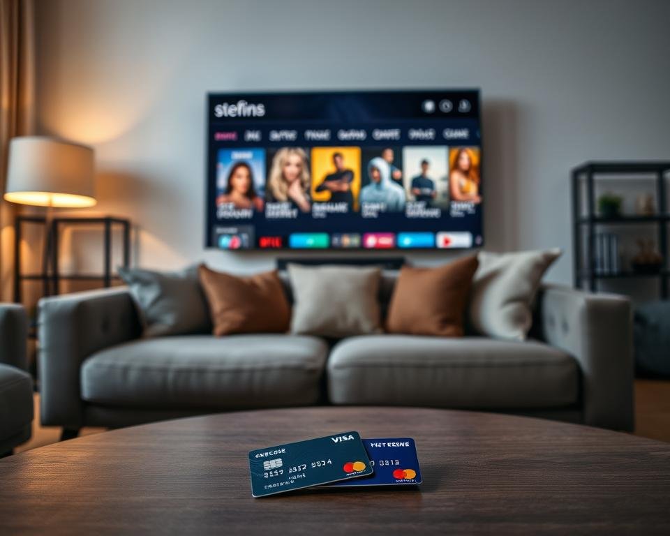 A modern living room setting featuring a sleek flat-screen television displaying streaming icons for various film and series genres, emphasizing secure payment methods. In the foreground, a coffee table holds a few payment cards displayed prominently, with soft lighting highlighting their details. A comfortable sofa sits in the middle, adorned with plush cushions, creating an inviting atmosphere. In the background, a stylish bookshelf and a warm, ambient lighting fixture add depth to the scene. The mood is sophisticated and casual, perfect for a home entertainment environment. The perspective is from a slightly elevated angle, allowing the viewer to appreciate both the payment options and the TV screen without distraction.