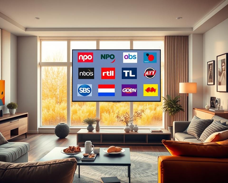 A modern living room setting illustrating various Dutch television channels. In the foreground, a sleek flat-screen TV displays recognizable logos of popular Nederlandse TV zenders, such as NPO, RTL, and SBS, all brightly colored and vibrant. The middle ground features a stylish coffee table with snacks and drinks, inviting a sense of relaxation. The background showcases large windows allowing warm, natural sunlight to pour in, creating a cozy atmosphere. The room is tastefully decorated with minimalistic furniture and Dutch-themed artwork. The lighting is soft and inviting, giving a warm, welcoming feeling. The overall mood is casual yet sophisticated, perfect for enjoying a live stream of Dutch television channels. No text or logos outside of the TV screen, and the space is free of clutter to maintain focus on the TV channels.