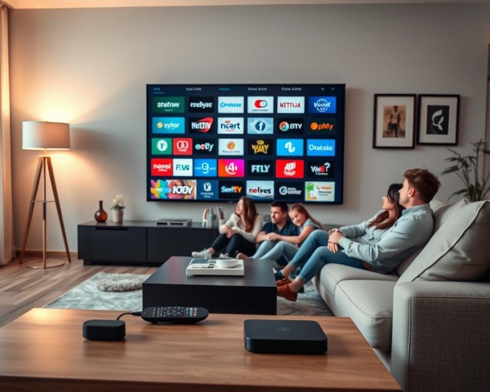 A modern living room with a large, flat-screen television displaying a diverse array of IPTV channels, showcasing vivid colors and various logos of popular network brands. In the foreground, a stylish coffee table holds a remote control and digital devices, suggesting a sophisticated home entertainment setup. The middle ground features a comfortable sofa where a family is gathered, relaxed and engaged in watching TV, dressed in smart casual clothing, reflecting a cozy atmosphere. The background includes soft, ambient lighting from a floor lamp, with decorative elements like framed art and plants, contributing to a warm, inviting ambiance. Capture the scene from a slightly elevated angle to give a comprehensive view of the room's layout and channel content. A modern living room with a large, flat-screen television displaying a diverse array of IPTV channels, showcasing vivid colors and various logos of popular network brands. In the foreground, a stylish coffee table holds a remote control and digital devices, suggesting a sophisticated home entertainment setup. The middle ground features a comfortable sofa where a family is gathered, relaxed and engaged in watching TV, dressed in smart casual clothing, reflecting a cozy atmosphere. The background includes soft, ambient lighting from a floor lamp, with decorative elements like framed art and plants, contributing to a warm, inviting ambiance. Capture the scene from a slightly elevated angle to give a comprehensive view of the room's layout and channel content.