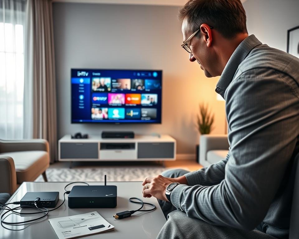 A modern living room with a sleek TV setup showcasing a streaming service interface. In the foreground, a user, a middle-aged man in professional casual attire, is attentively configuring his IPTV box, surrounded by wires and a user manual on a coffee table. In the middle, the TV screen glows with vibrant streaming content displaying Dutch channels, reflecting the ease of use. The background features chic furniture and a soft, warm ambiance created by natural light streaming through a window, enhancing the welcoming atmosphere. The camera angle is slightly elevated, focusing on the installation process, evoking a sense of simplicity and convenience in technology.