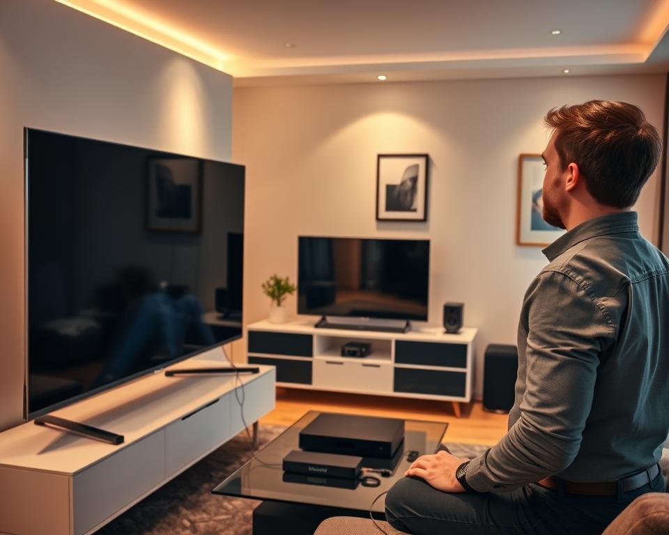 A modern living room with a sleek television being set up for installation. In the foreground, a technician in smart casual attire is connecting cables to a shiny, high-definition TV, demonstrating a careful and focused approach. In the middle, a stylish entertainment center holds various electronic devices, like a streaming box and a sound system, adding to the atmosphere of sophistication and technology. In the background, the room is lit by soft, warm lighting, creating a cozy ambiance, with subtle accents like a plant and artwork enhancing the design. The scene conveys a sense of professionalism and excitement about the new technology being integrated into the home.