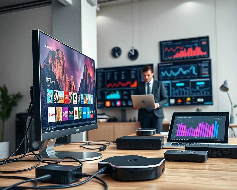 A modern office environment showcasing the technical requirements for IPTV streaming. In the foreground, a sleek desktop computer displays a dynamic IPTV interface, featuring vibrant channels and content options. Surrounding the computer are various streaming devices, including a smart TV, a streaming box, and a tablet, all connected with visible cables that signify connectivity. In the middle ground, a professional in business attire analyzes data on a laptop, surrounded by charts and graphs illustrating bandwidth and network performance. In the background, neutral-colored walls with subtle tech-themed decor. The lighting is bright and focused, creating a productive atmosphere, enhancing the scene's clarity. The angle is slightly elevated, giving a comprehensive view of the entire setting, emphasizing the blend of technology and professionalism. A modern office environment showcasing the technical requirements for IPTV streaming. In the foreground, a sleek desktop computer displays a dynamic IPTV interface, featuring vibrant channels and content options. Surrounding the computer are various streaming devices, including a smart TV, a streaming box, and a tablet, all connected with visible cables that signify connectivity. In the middle ground, a professional in business attire analyzes data on a laptop, surrounded by charts and graphs illustrating bandwidth and network performance. In the background, neutral-colored walls with subtle tech-themed decor. The lighting is bright and focused, creating a productive atmosphere, enhancing the scene's clarity. The angle is slightly elevated, giving a comprehensive view of the entire setting, emphasizing the blend of technology and professionalism.