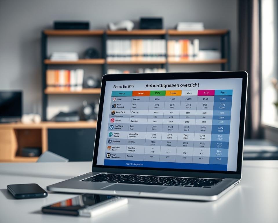 A modern office workspace displaying a detailed digital "abonnementen overzicht" for IPTV providers in the Netherlands. In the foreground, a sleek laptop screen shows a colorful, organized chart listing different subscription packages and prices, with distinct icons representing various channels. The middle ground features a minimalist desk with a smartphone and notepad, subtly illustrating a busy yet sophisticated environment. In the background, blurred shelves lined with books and tech devices contribute to a professional atmosphere. Soft, natural light streams in from a nearby window, casting gentle shadows. The image conveys an informative and engaging tone, inviting viewers to explore the IPTV subscription options visually, suggesting clarity and professionalism in digital services. A modern office workspace displaying a detailed digital "abonnementen overzicht" for IPTV providers in the Netherlands. In the foreground, a sleek laptop screen shows a colorful, organized chart listing different subscription packages and prices, with distinct icons representing various channels. The middle ground features a minimalist desk with a smartphone and notepad, subtly illustrating a busy yet sophisticated environment. In the background, blurred shelves lined with books and tech devices contribute to a professional atmosphere. Soft, natural light streams in from a nearby window, casting gentle shadows. The image conveys an informative and engaging tone, inviting viewers to explore the IPTV subscription options visually, suggesting clarity and professionalism in digital services.