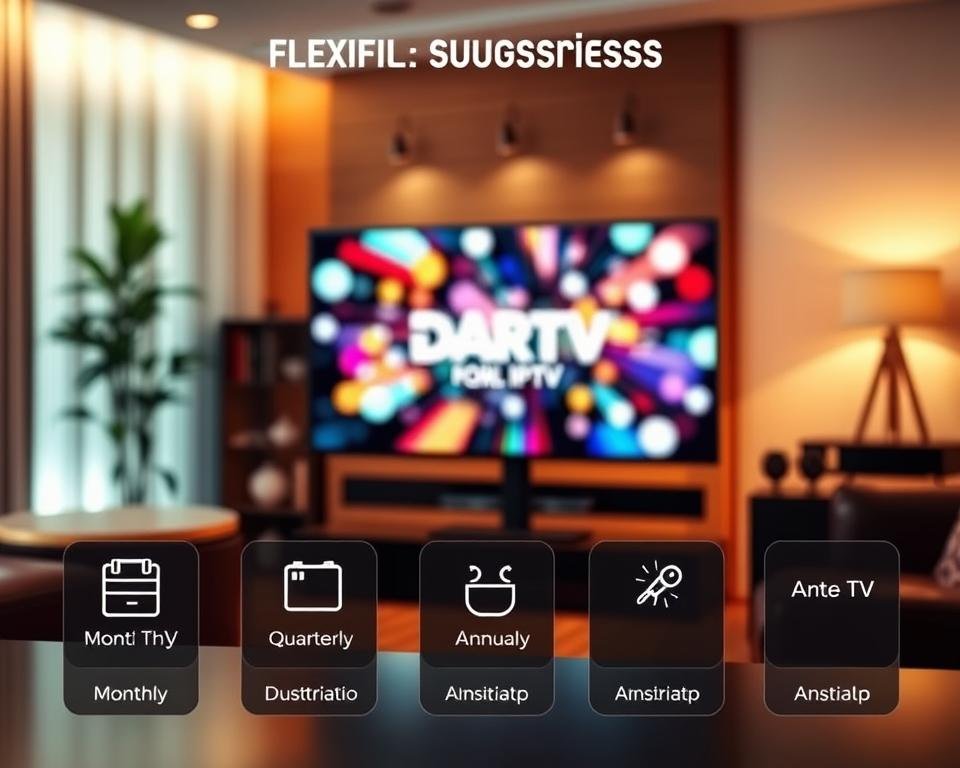 A modern, sleek digital interface displaying various flexible subscription options for a live TV service. In the foreground, prominent icons represent different subscription tiers, with highlighted features like "Monthly", "Quarterly", and "Annual" plans. The middle layer features a computer screen displaying the Dark IPTV logo, set against a blur of colorful, dynamic visuals symbolizing diverse content possibilities. In the background, a stylish living room setting is illuminated by warm, inviting lighting, creating a cozy atmosphere. The scene is captured at a slight angle to showcase the screen and the room, emphasizing modernity and comfort. The overall mood is engaging and professional, quietly stimulating interest in flexible viewing options. A modern, sleek digital interface displaying various flexible subscription options for a live TV service. In the foreground, prominent icons represent different subscription tiers, with highlighted features like "Monthly", "Quarterly", and "Annual" plans. The middle layer features a computer screen displaying the Dark IPTV logo, set against a blur of colorful, dynamic visuals symbolizing diverse content possibilities. In the background, a stylish living room setting is illuminated by warm, inviting lighting, creating a cozy atmosphere. The scene is captured at a slight angle to showcase the screen and the room, emphasizing modernity and comfort. The overall mood is engaging and professional, quietly stimulating interest in flexible viewing options.