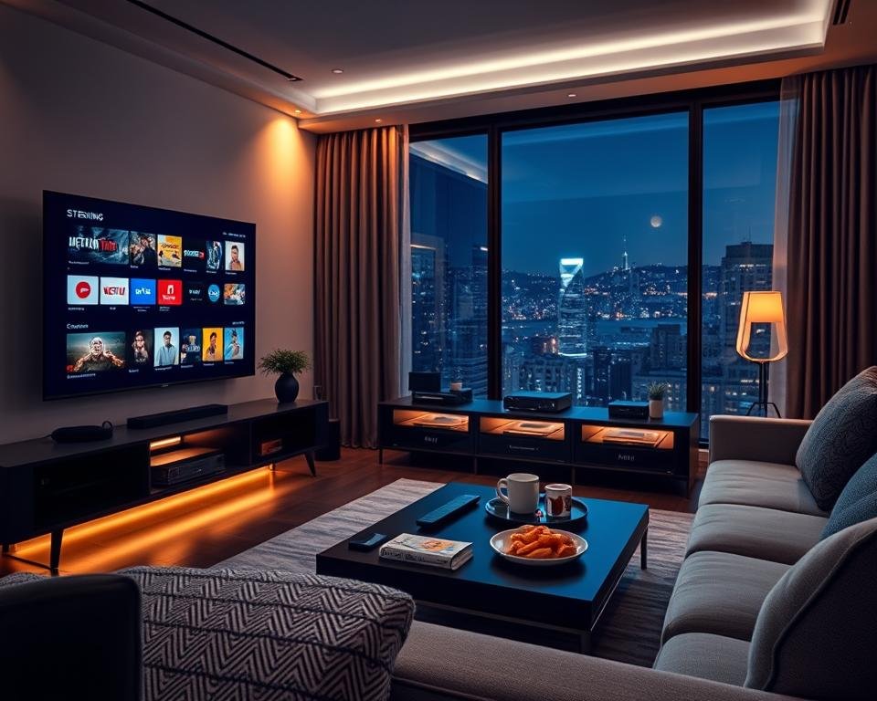 A modern streaming setup, showcasing a sleek living room with a large, high-definition television displaying crisp imagery of various streaming services. In the foreground, a stylish coffee table with a remote and snacks, creating a cozy yet sophisticated atmosphere. The middle ground features a well-lit entertainment center filled with media devices, all subtly glowing to indicate functionality. Soft, ambient lighting casts a warm glow throughout the room, hinting at an evening setting. In the background, a window reveals a darkened cityscape with twinkling lights, emphasizing the immersive quality of the streaming experience. The mood is inviting and high-tech, reflecting a blend of comfort and cutting-edge technology in digital content consumption. A modern streaming setup, showcasing a sleek living room with a large, high-definition television displaying crisp imagery of various streaming services. In the foreground, a stylish coffee table with a remote and snacks, creating a cozy yet sophisticated atmosphere. The middle ground features a well-lit entertainment center filled with media devices, all subtly glowing to indicate functionality. Soft, ambient lighting casts a warm glow throughout the room, hinting at an evening setting. In the background, a window reveals a darkened cityscape with twinkling lights, emphasizing the immersive quality of the streaming experience. The mood is inviting and high-tech, reflecting a blend of comfort and cutting-edge technology in digital content consumption.