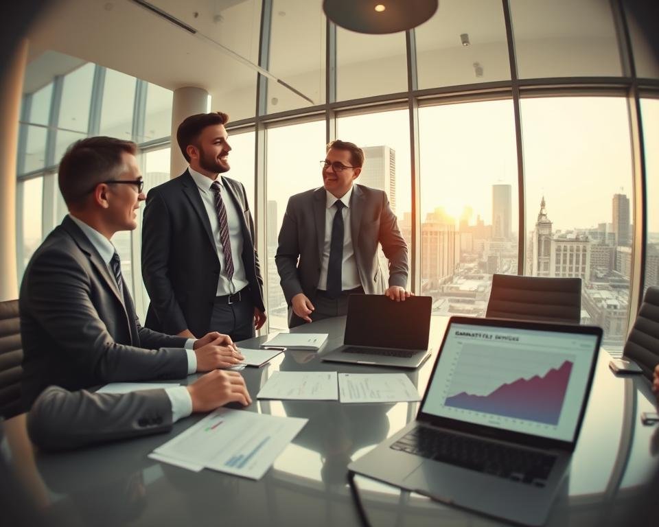 A professional business setting illustrating "garantie beleid streaming." In the foreground, a diverse group of three business professionals, two men and one woman, are engaged in an animated discussion about digital contracts, all dressed in smart business attire. The middle ground features a sleek conference table adorned with documents and a laptop displaying streaming service graphs. The background includes a large window showcasing a city skyline, with soft natural light filtering in, creating a warm, inviting atmosphere. Use a slight fisheye lens effect to evoke a sense of depth and engagement, capturing the seriousness yet collaborative mood of the meeting focused on guarantees and refund policies. A professional business setting illustrating "garantie beleid streaming." In the foreground, a diverse group of three business professionals, two men and one woman, are engaged in an animated discussion about digital contracts, all dressed in smart business attire. The middle ground features a sleek conference table adorned with documents and a laptop displaying streaming service graphs. The background includes a large window showcasing a city skyline, with soft natural light filtering in, creating a warm, inviting atmosphere. Use a slight fisheye lens effect to evoke a sense of depth and engagement, capturing the seriousness yet collaborative mood of the meeting focused on guarantees and refund policies.