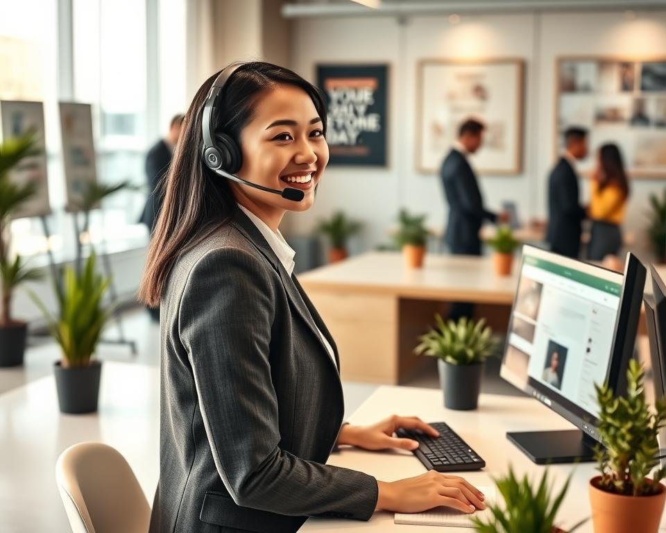 A professional customer service representative in a modern office setting, focused on providing 24/7 support. The foreground features a friendly agent wearing a smart business outfit, equipped with a headset, engaged in a conversation at a sleek desk with a computer displaying customer inquiries. In the middle ground, a bright and organized workspace with potted plants and inspiring motivational posters, conveying a supportive atmosphere. The background shows a glass wall with silhouettes of colleagues collaborating. Soft, natural lighting filters through large windows, creating an inviting ambiance. The scene captures a sense of professionalism, dedication, and readiness to assist, reflecting the spirit of reliable customer service. A professional customer service representative in a modern office setting, focused on providing 24/7 support. The foreground features a friendly agent wearing a smart business outfit, equipped with a headset, engaged in a conversation at a sleek desk with a computer displaying customer inquiries. In the middle ground, a bright and organized workspace with potted plants and inspiring motivational posters, conveying a supportive atmosphere. The background shows a glass wall with silhouettes of colleagues collaborating. Soft, natural lighting filters through large windows, creating an inviting ambiance. The scene captures a sense of professionalism, dedication, and readiness to assist, reflecting the spirit of reliable customer service.