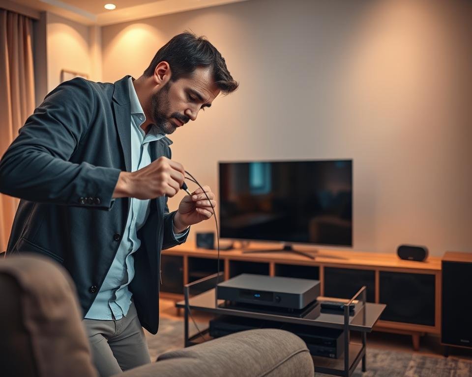 A professional technician in smart casual clothing is demonstrating the installation process of a streaming device in a modern living room. The foreground shows the technician carefully connecting cables to the device, with a focused expression. In the middle, a sleek streaming device is prominently displayed on a stylish media console, surrounded by various electronic gadgets like a television and speakers. In the background, warm ambient lighting creates a cozy atmosphere, with soft shadows cast across the room. The angle is slightly elevated, giving a clear view of both the technician's actions and the device being installed. The mood is focused and informative, emphasizing the technicality of the installation process while maintaining a welcoming environment. A professional technician in smart casual clothing is demonstrating the installation process of a streaming device in a modern living room. The foreground shows the technician carefully connecting cables to the device, with a focused expression. In the middle, a sleek streaming device is prominently displayed on a stylish media console, surrounded by various electronic gadgets like a television and speakers. In the background, warm ambient lighting creates a cozy atmosphere, with soft shadows cast across the room. The angle is slightly elevated, giving a clear view of both the technician's actions and the device being installed. The mood is focused and informative, emphasizing the technicality of the installation process while maintaining a welcoming environment.
