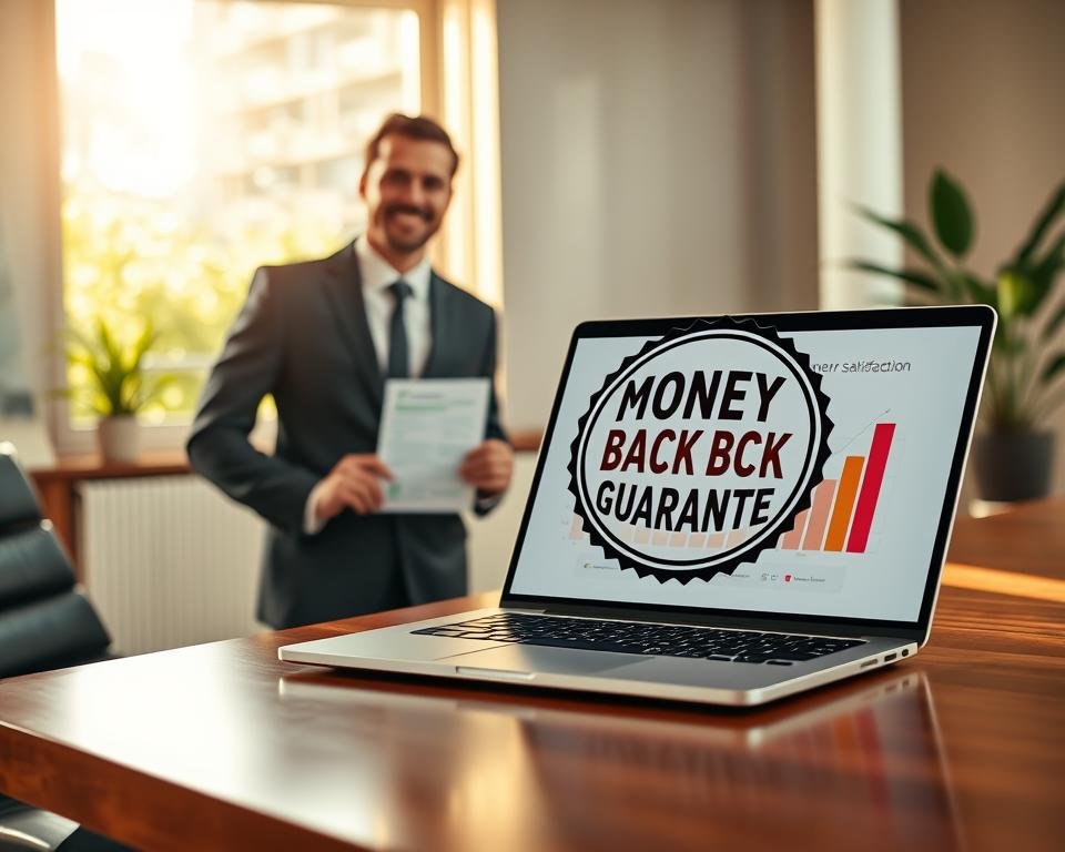 A serene office setting designed to convey trust and reliability, focusing on a prominent symbol of "money-back guarantee." In the foreground, a polished wooden desk features a sleek, modern laptop displaying a vibrant chart illustrating customer satisfaction. To the left, a professional business person in a smart attire, smiling confidently as they hold a transparent document with a bold "Money-Back Guarantee" icon. In the middle, a bright, inviting window allows warm, natural light to stream in, enhancing the atmosphere of security. In the background, soft greenery is visible outside, symbolizing growth and stability. The overall mood is positive and reassuring, depicting a sense of confidence in quality service. The composition is shot at eye level with a slightly blurred background to focus attention on the subject.