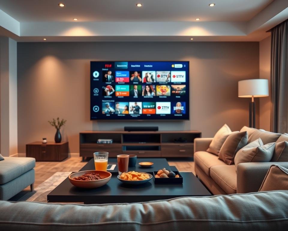 A sleek and modern living room, featuring a large flat-screen TV displaying a vibrant array of channel icons representing diverse genres such as sports, movies, and documentaries. In the foreground, a stylish coffee table adorned with snacks and drinks invites viewers to relax. The middle ground showcases a comfortable sofa with plush cushions, strategically angled towards the TV to enhance the viewing experience. The background reveals soft ambient lighting casting a warm glow, enhancing the atmosphere of comfort and entertainment. The scene is captured with a slight wide-angle lens, emphasizing the spaciousness and family-friendly vibe, creating a cozy yet engaging mood that reflects a premium IPTV service.