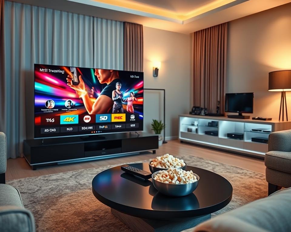 A sleek and modern living room setting designed for premium streaming experiences. In the foreground, a high-definition flat-screen TV displays a vibrant, dynamic montage of various streaming quality options, including 4K, HD, and SD, depicted as colorful visuals. In the middle, a stylish coffee table holds a remote control and a bowl of popcorn, suggesting a cozy movie night atmosphere. The background features soft ambient lighting, with elegant curtains and a well-organized media console filled with streaming devices. The room is warm and inviting, reflecting a relaxed mood, and the composition is captured at a slight angle to emphasize the premium technology while creating a sense of depth. A sleek and modern living room setting designed for premium streaming experiences. In the foreground, a high-definition flat-screen TV displays a vibrant, dynamic montage of various streaming quality options, including 4K, HD, and SD, depicted as colorful visuals. In the middle, a stylish coffee table holds a remote control and a bowl of popcorn, suggesting a cozy movie night atmosphere. The background features soft ambient lighting, with elegant curtains and a well-organized media console filled with streaming devices. The room is warm and inviting, reflecting a relaxed mood, and the composition is captured at a slight angle to emphasize the premium technology while creating a sense of depth.