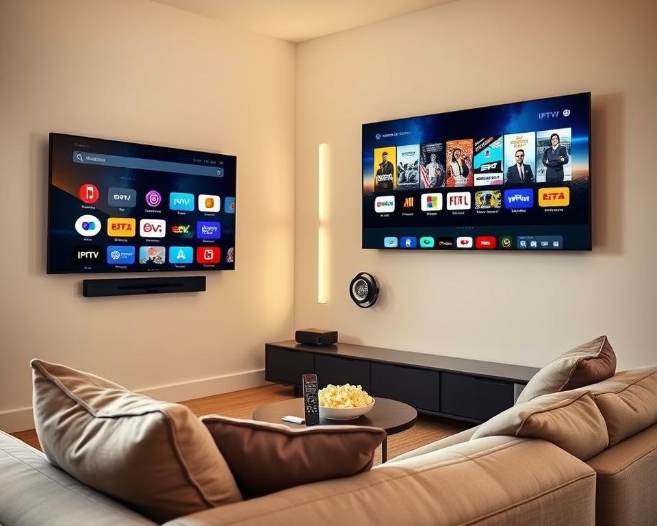 A sleek and modern living room setting, showcasing a large flat-screen TV mounted on the wall, with various IPTV app icons displayed on the screen. In the foreground, a comfortable couch is adorned with stylish cushions, while a small coffee table holds a remote control and a bowl of popcorn. In the middle ground, a decorative shelf features streaming devices and books about TV shows, creating a cozy atmosphere. The background is softly lit with warm tones, suggesting an inviting ambiance for watching shows. Through a window, gentle afternoon sunlight filters in, casting a relaxing glow across the room. Capture the essence of an optimal streaming experience, emphasizing enhanced entertainment and comfort.