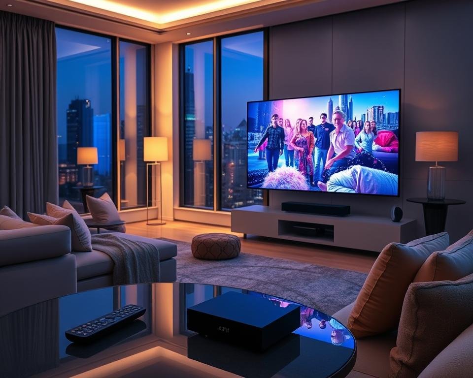 A sleek, high-tech living room environment showcasing a modern 4K television prominently displaying vibrant IPTV content. In the foreground, a stylish coffee table holds a remote control and streaming device, while soft, warm lighting creates an inviting atmosphere. The middle section reveals a comfortable sofa draped in upscale fabrics, accentuated by decorative cushions. A subtle glow from the TV illuminates the room, casting shadows that add depth and realism. In the background, large windows display a twilight cityscape, enhancing the feeling of sophistication and cutting-edge technology. The overall mood is contemporary and immersive, emphasizing entertainment in a luxurious home setting. A sleek, high-tech living room environment showcasing a modern 4K television prominently displaying vibrant IPTV content. In the foreground, a stylish coffee table holds a remote control and streaming device, while soft, warm lighting creates an inviting atmosphere. The middle section reveals a comfortable sofa draped in upscale fabrics, accentuated by decorative cushions. A subtle glow from the TV illuminates the room, casting shadows that add depth and realism. In the background, large windows display a twilight cityscape, enhancing the feeling of sophistication and cutting-edge technology. The overall mood is contemporary and immersive, emphasizing entertainment in a luxurious home setting.
