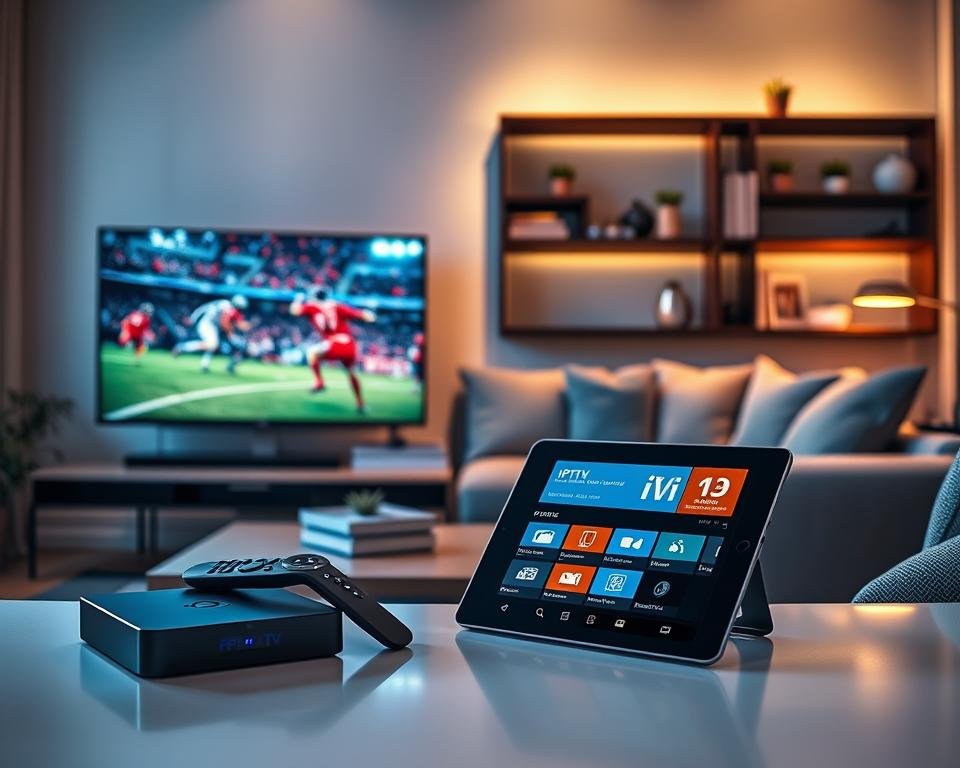 A sleek living room setting featuring various supported devices for IPTV. In the foreground, a modern smart TV displaying vibrant, high-definition content, reflecting the excitement of live sports and entertainment. To the left, an advanced streaming box with a stylish remote, and on a coffee table, a tablet showing the IPTV interface. In the middle ground, a comfortable couch is adorned with plush cushions, exuding a cozy atmosphere. The background showcases a tastefully decorated shelf filled with books and small plants, enhancing the homey vibe. Soft, ambient lighting highlights the devices while casting gentle shadows, creating a warm and inviting atmosphere, suitable for a modern entertainment space. The overall mood is dynamic yet relaxed, emphasizing the ease of access to live TV. A sleek living room setting featuring various supported devices for IPTV. In the foreground, a modern smart TV displaying vibrant, high-definition content, reflecting the excitement of live sports and entertainment. To the left, an advanced streaming box with a stylish remote, and on a coffee table, a tablet showing the IPTV interface. In the middle ground, a comfortable couch is adorned with plush cushions, exuding a cozy atmosphere. The background showcases a tastefully decorated shelf filled with books and small plants, enhancing the homey vibe. Soft, ambient lighting highlights the devices while casting gentle shadows, creating a warm and inviting atmosphere, suitable for a modern entertainment space. The overall mood is dynamic yet relaxed, emphasizing the ease of access to live TV.